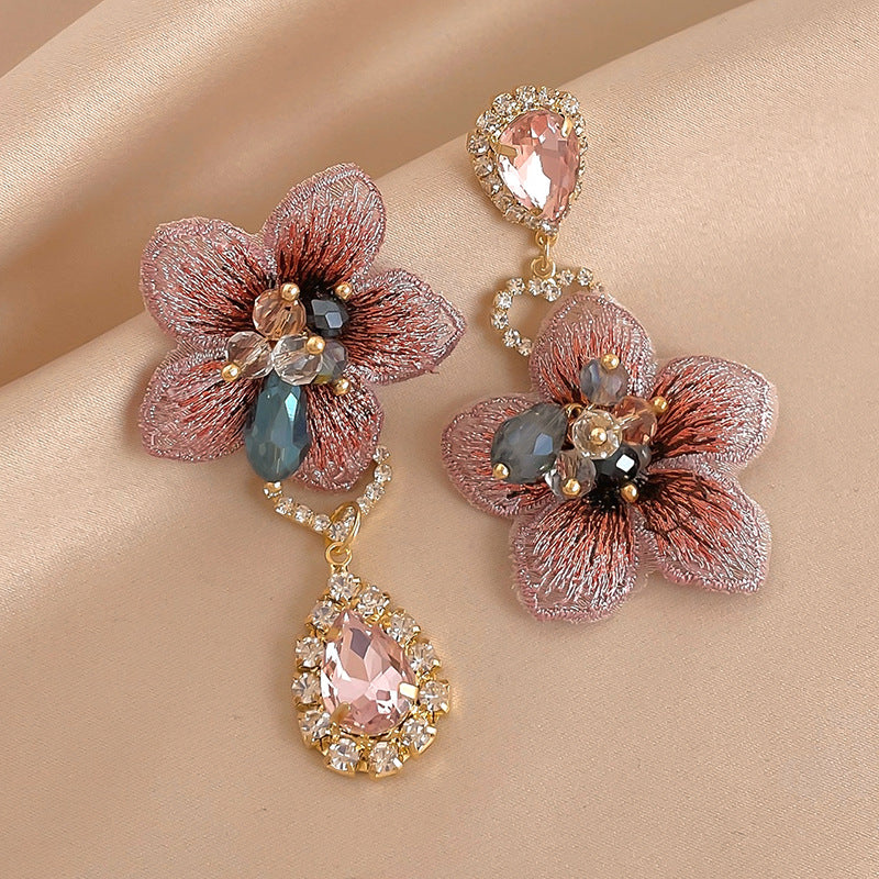 Vintage Asymmetric Diamond Fabric Flower Earrings