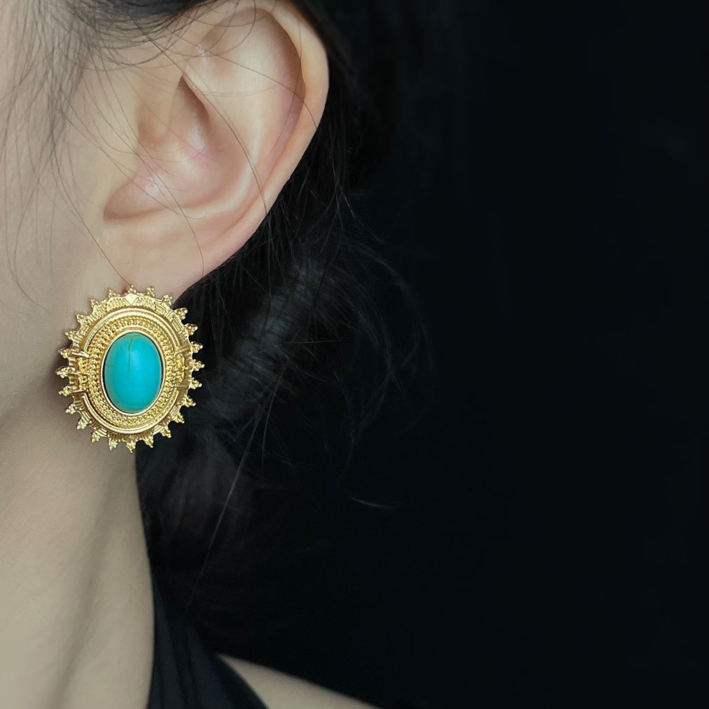 Oval Turquoise Vintage Gear Earrings