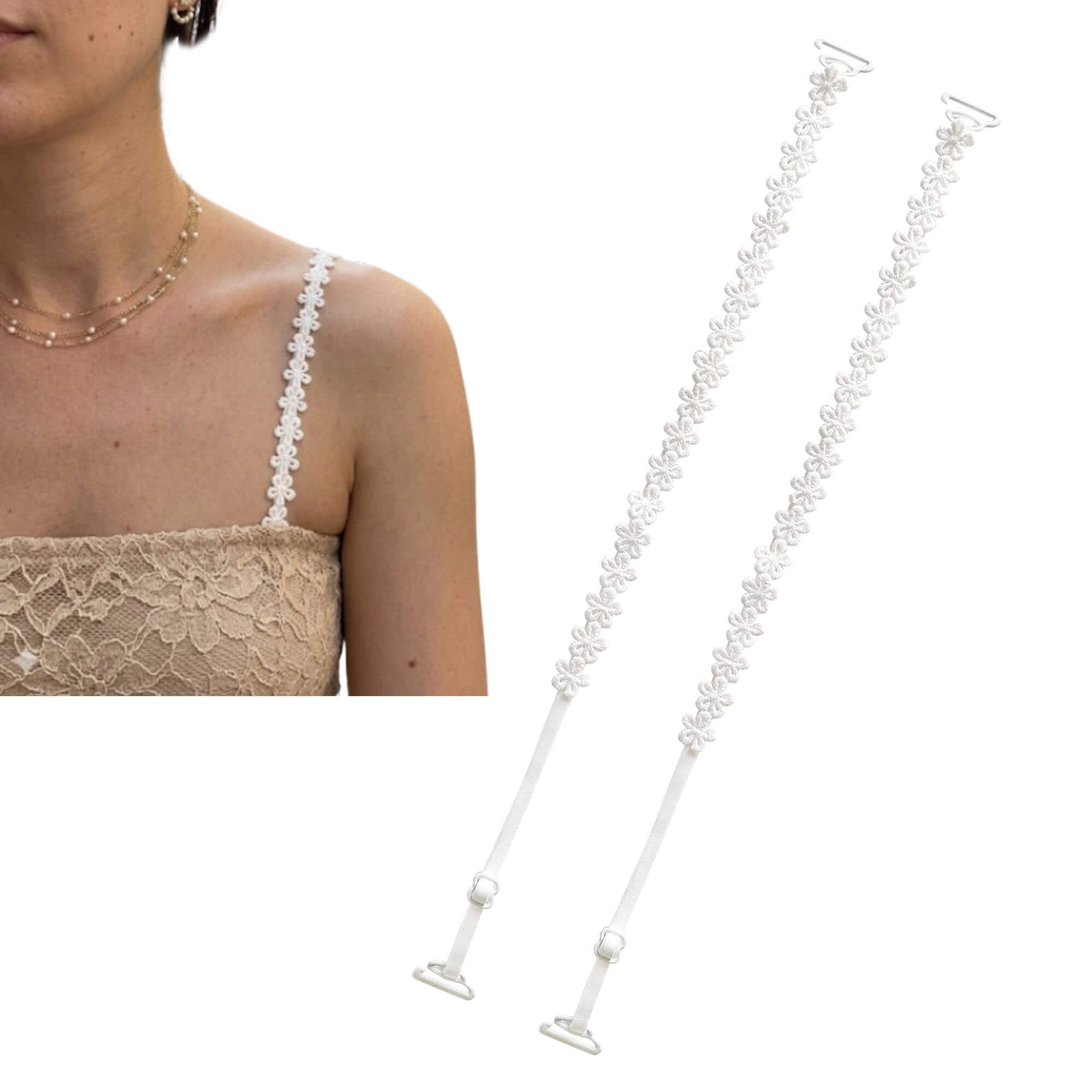 Correas de sujetador finas con flores pequeñas blancas