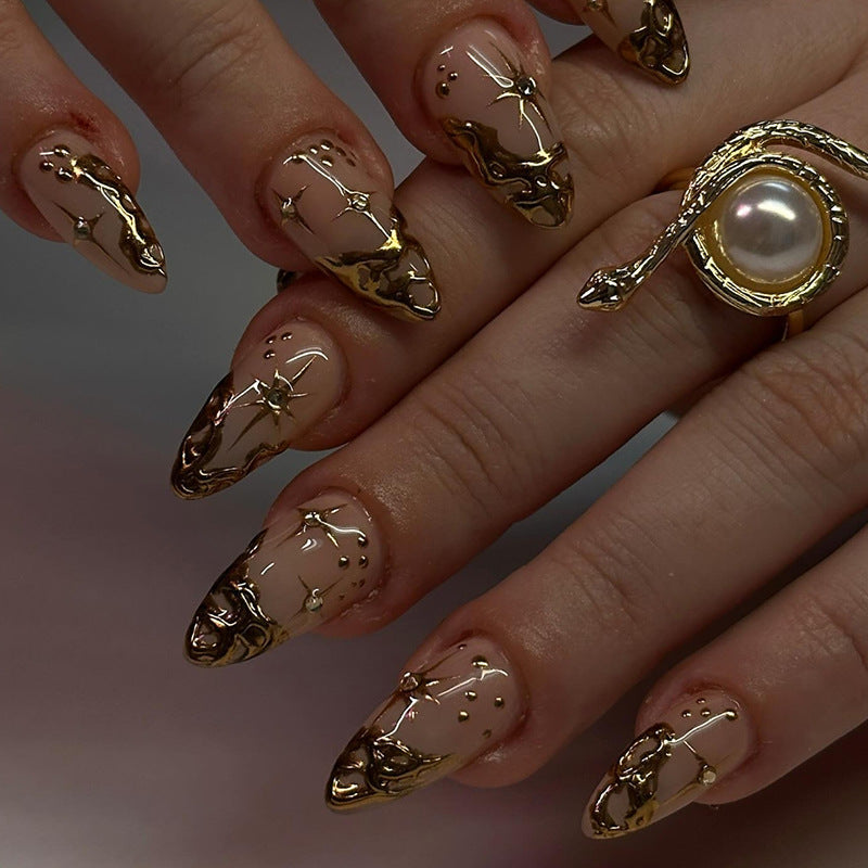 30 Pieces  Almond Press On Nails Gold Outlines The Sun And Stars Dotted With Diamonds