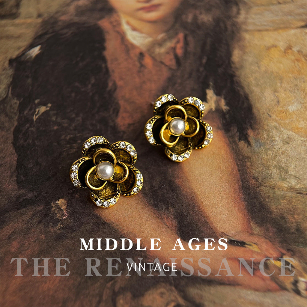 Zircon Camellia Stud Earrings in Antique Black Gold Floral Design