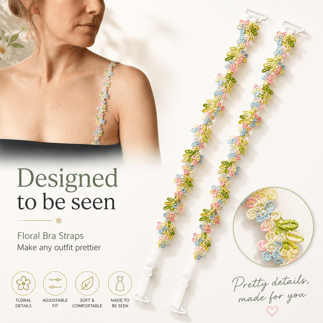 Moly Story Floral Bra Straps Cute Decorative Adjustable Shoulder Straps for Tank Tops, Dresses, Camisoles