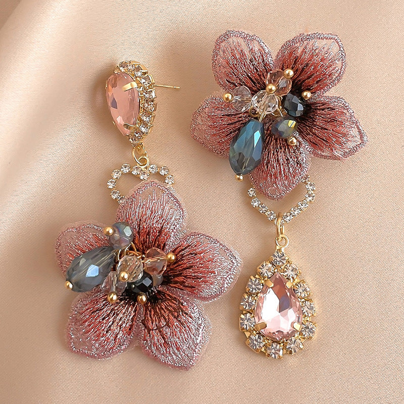 Vintage Asymmetric Diamond Fabric Flower Earrings