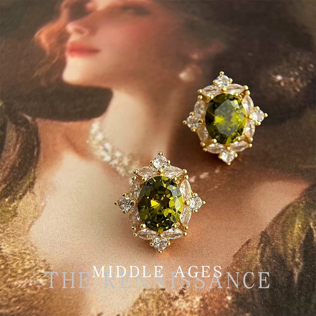 Olive Green Zircon French Vintage Court Earrings with a Luxurious Feel