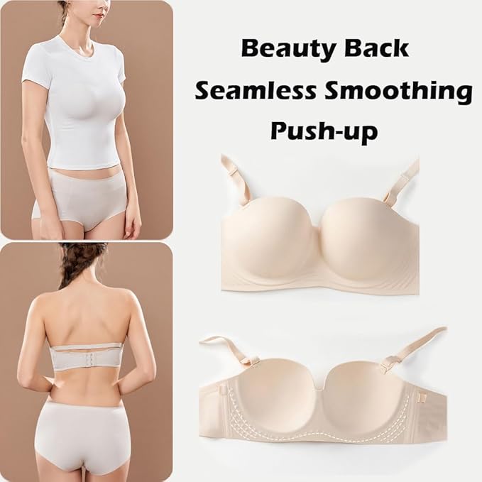 Moly Story Seamless Strapless Bra Push Up, Beauty Back Smoothing Underwire Lightly Lined Cups Bras for Women(34A-42DD)