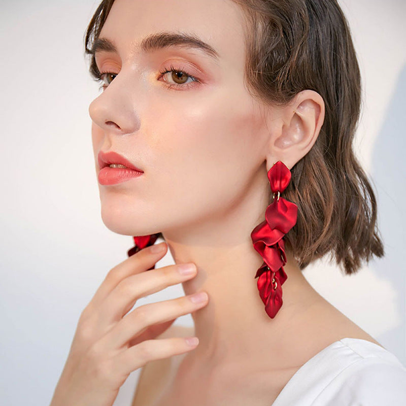 Rose Petal Long Tassel Earrings