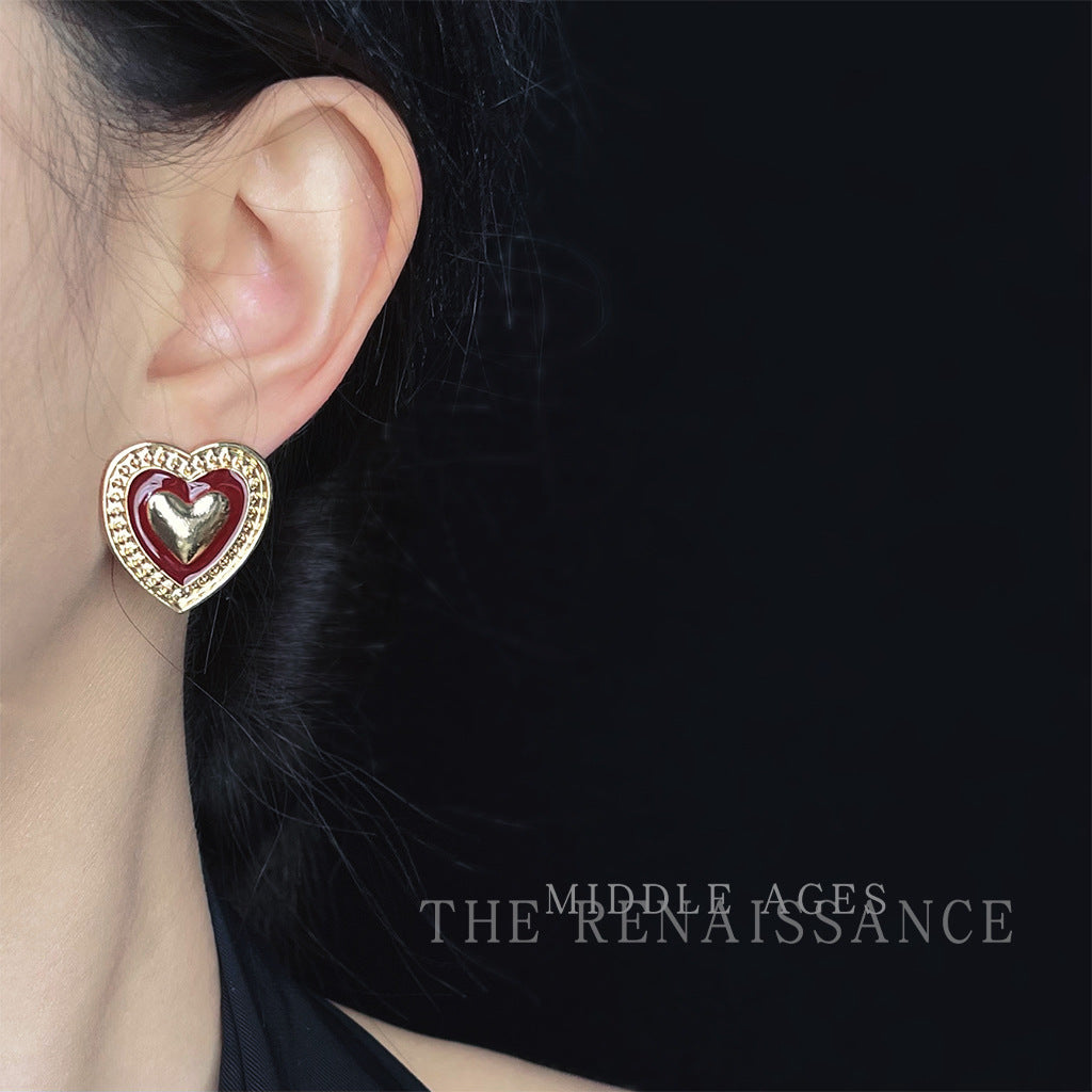 Gold and Burgundy Heart Hoop Stud Earrings