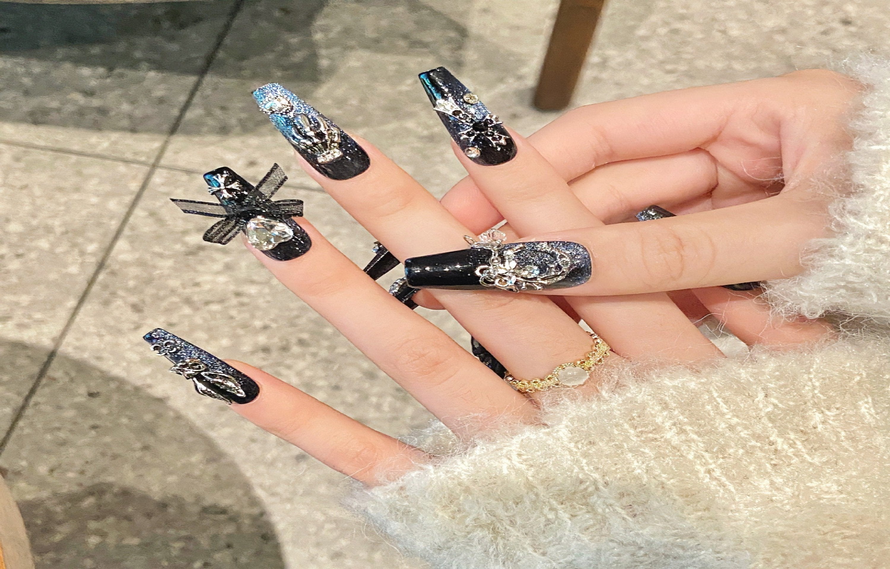 Gothic Cat Eye Nail Art Dark Lace Bow Bunny Skull Cross