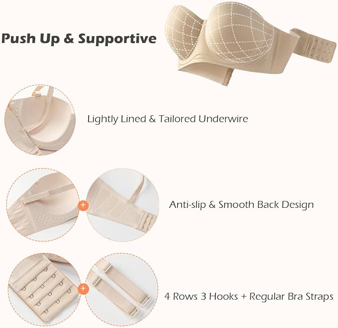 Moly Story Seamless Strapless Bra Push Up, Beauty Back Smoothing Underwire Lightly Lined Cups Bras for Women(34A-42DD)