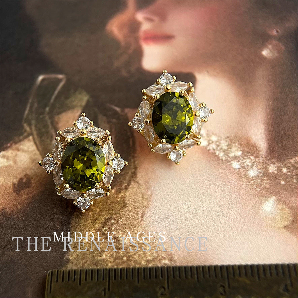 Olive Green Zircon French Vintage Court Earrings with a Luxurious Feel