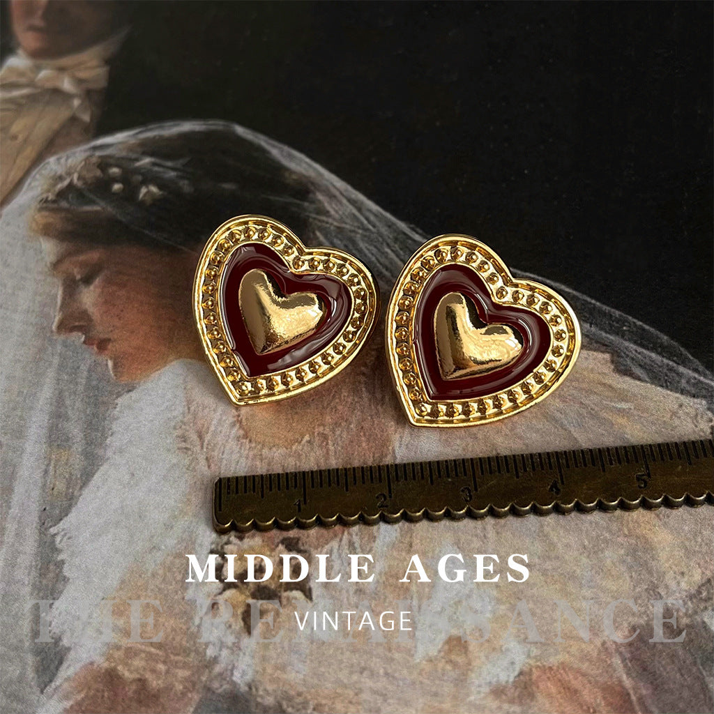 Gold and Burgundy Heart Hoop Stud Earrings