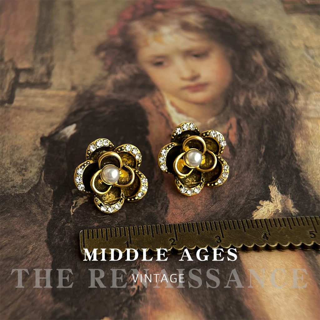 Zircon Camellia Stud Earrings in Antique Black Gold Floral Design