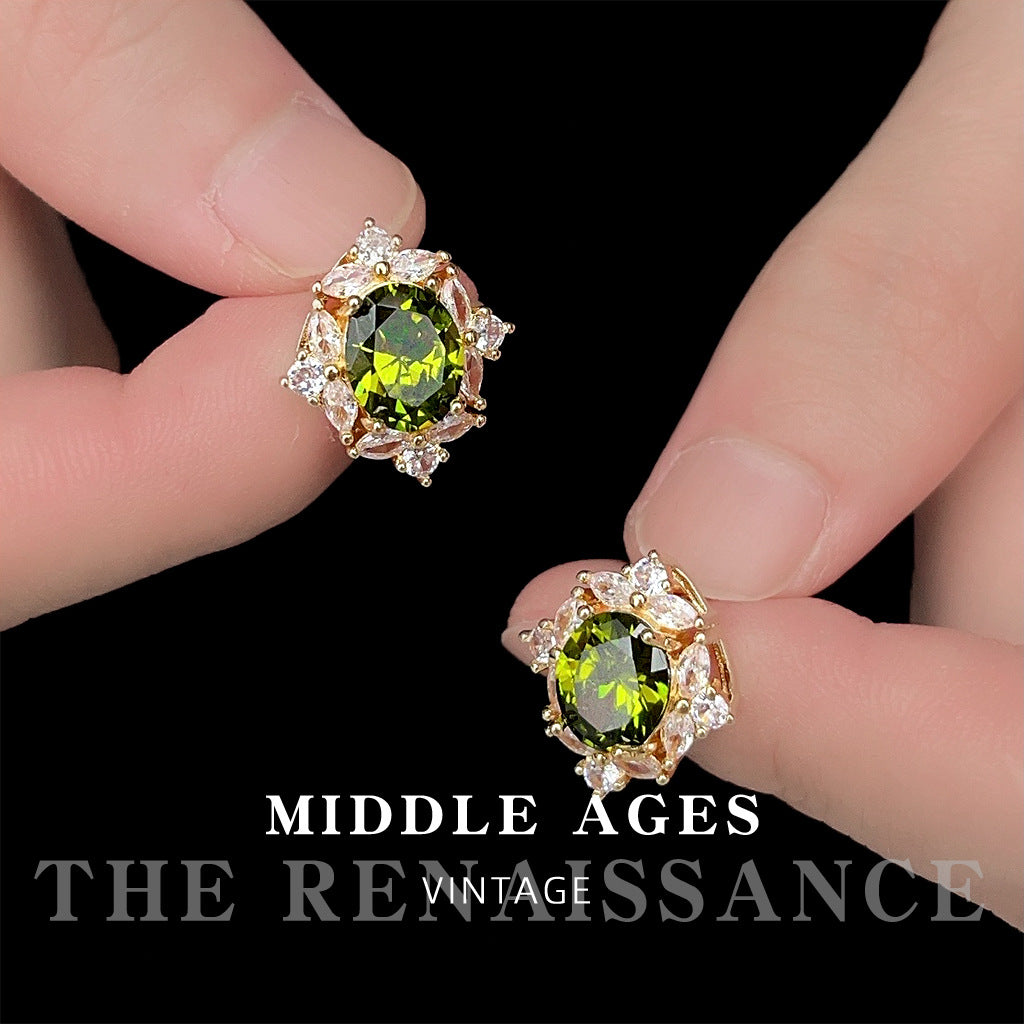 Olive Green Zircon French Vintage Court Earrings with a Luxurious Feel