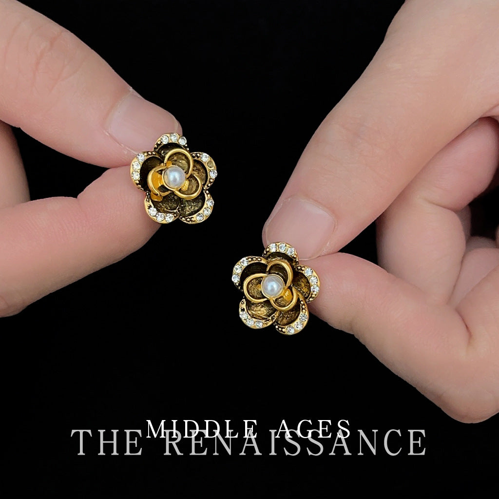 Zircon Camellia Stud Earrings in Antique Black Gold Floral Design