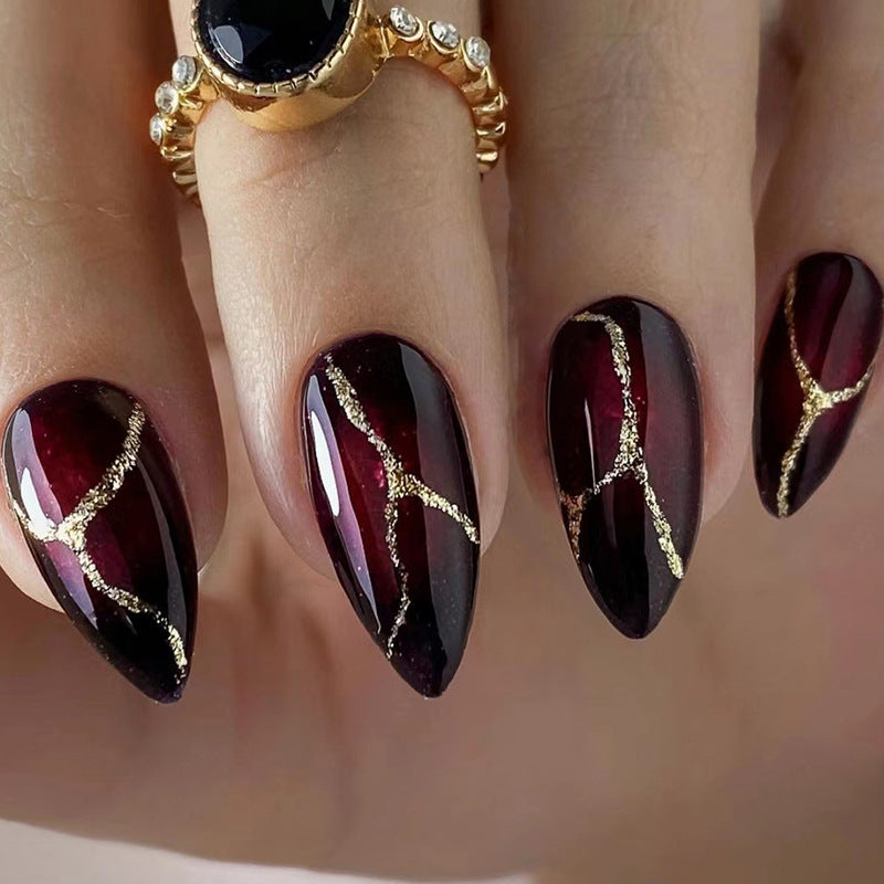 24 Pieces Ruby Inlaid Gold Pattern Wearable Nails Press On Nails