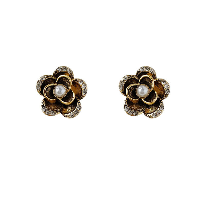 Zircon Camellia Stud Earrings in Antique Black Gold Floral Design