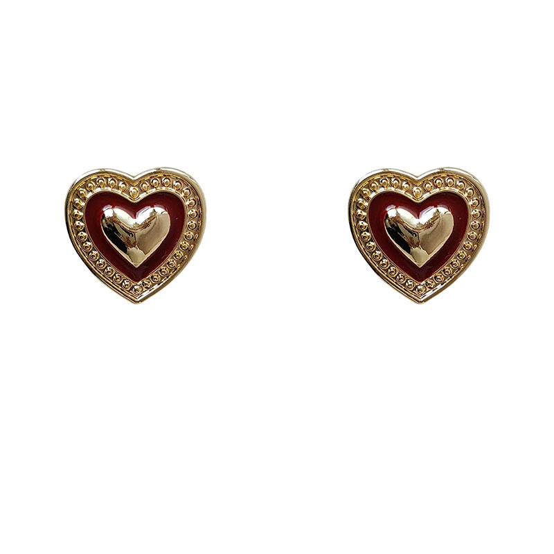 Gold and Burgundy Heart Hoop Stud Earrings