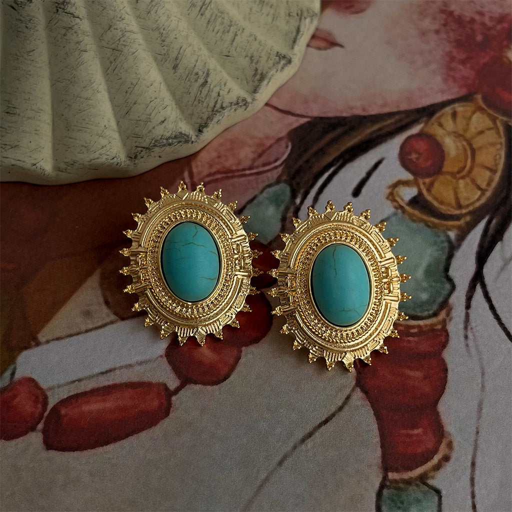 Oval Turquoise Vintage Gear Earrings